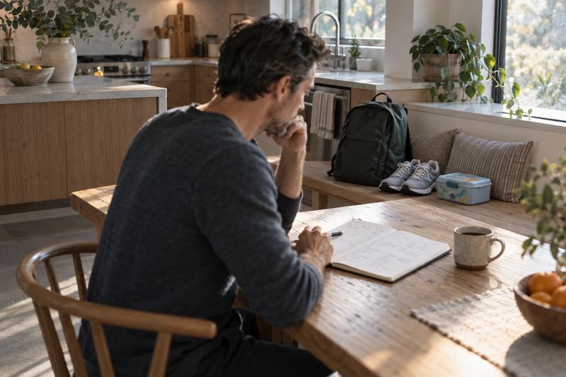 Homem sentado à mesa da cozinha de manhã, olhando o planejamento da semana num caderno, com café; no banco ao lado, mochila de trabalho, tênis de corrida e lancheira infantil.