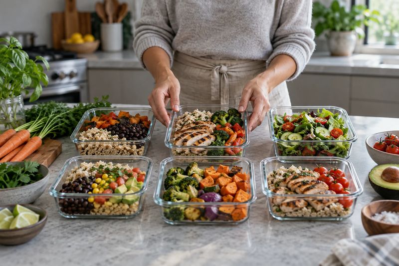 Mãos organizando potes de vidro com as refeições da semana sobre a bancada da cozinha: arroz, feijão, legumes, frango e salada.