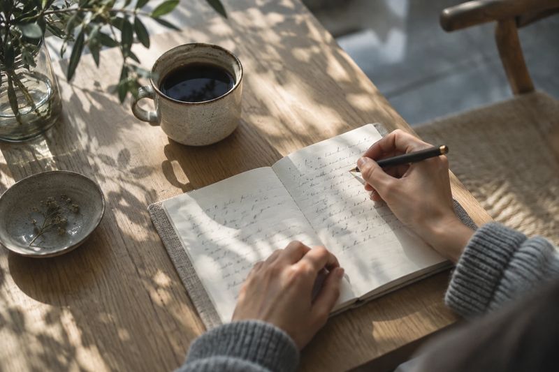 Mãos escrevendo num caderno sobre uma mesa de madeira, ao lado de uma xícara de café, com luz da manhã e sombras de folhas.