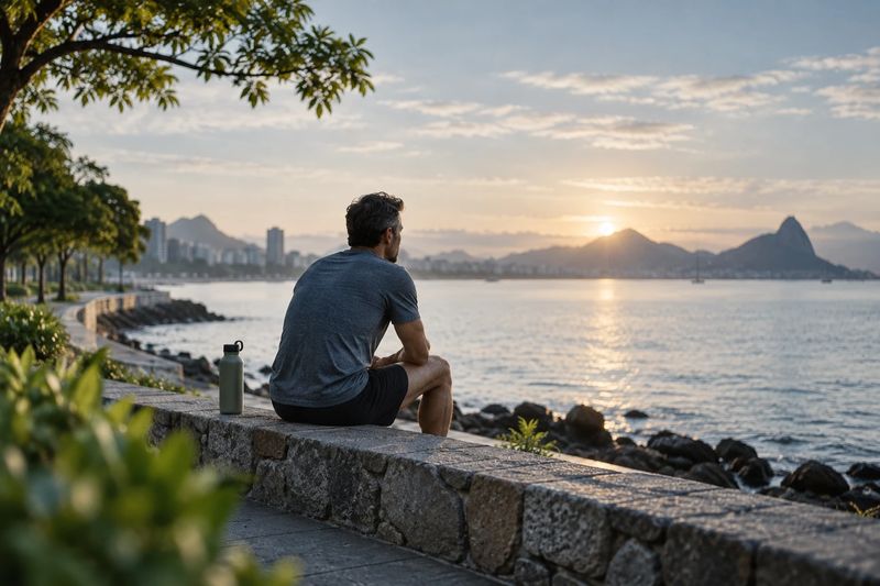 Homem sentado numa mureta à beira-mar depois de correr, de costas, olhando o nascer do sol, com uma garrafa de água ao lado.