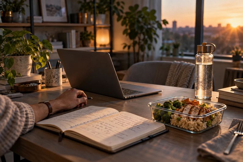 Mesa de trabalho em casa ao pôr do sol, com notebook, caderno aberto, marmita de vidro com refeição caseira e garrafa de água.